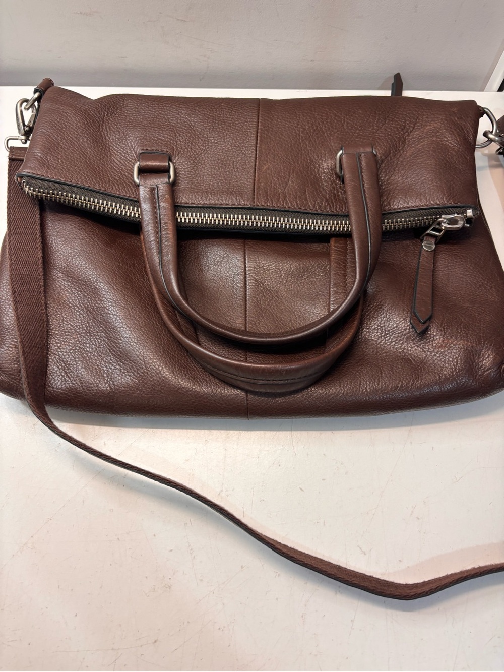 Fossil Dawson Fold-Over Genuine Leather Convertible Tote Crossbody Bag in Brown - Picture 7 of 12